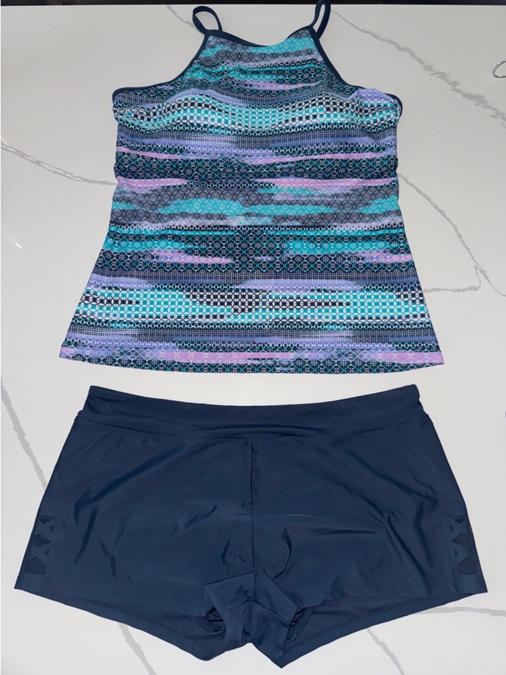 Free Country Aqua, Teal, Purple & Navy Striped Tankini with Navy Swim Shorts